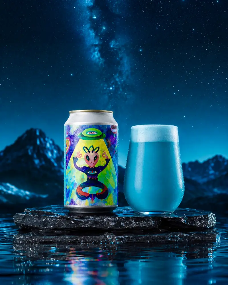 Can and glass on wet stone under a starry night sky