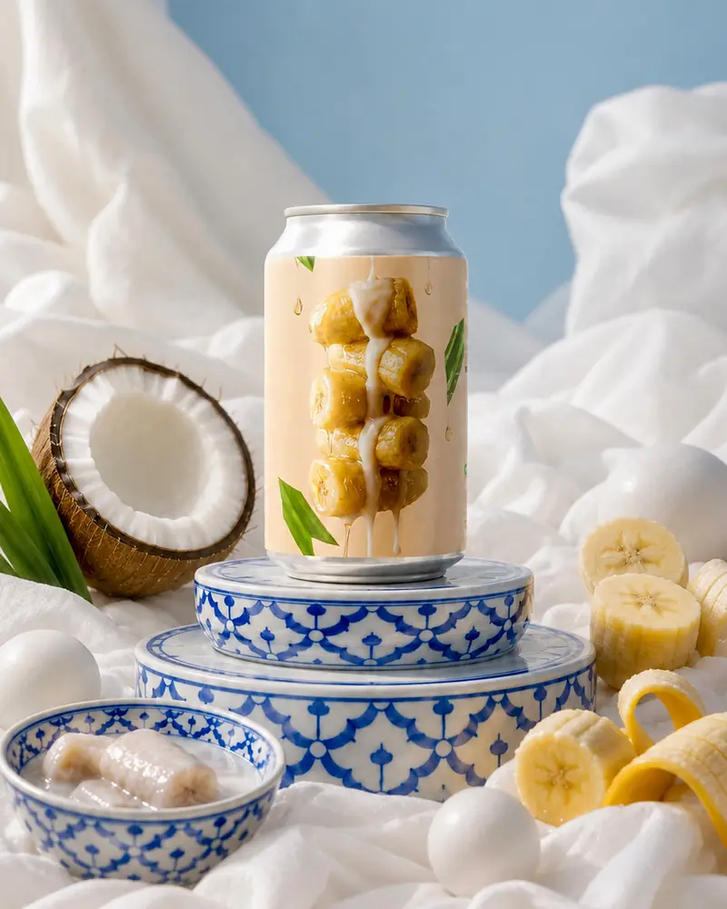 Coconut and banana sour served in Thai blue-and-white porcelain