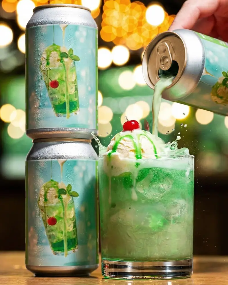 Stacked cans and bright green sours under festival lights