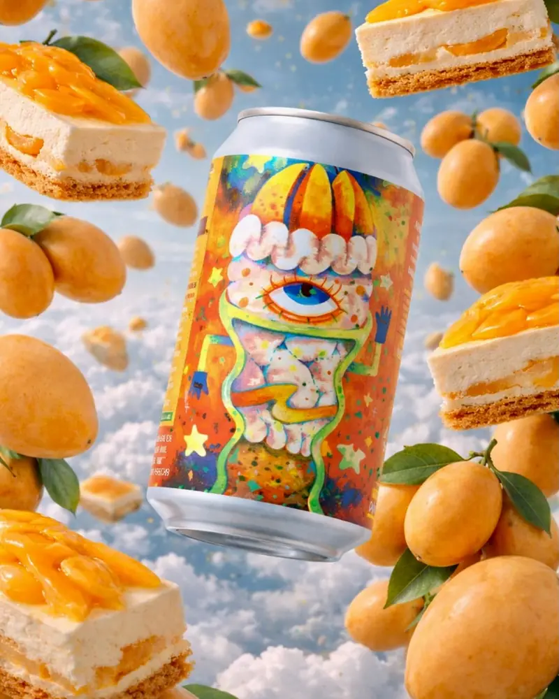 Illustrated can floating among kumquats and layered cake