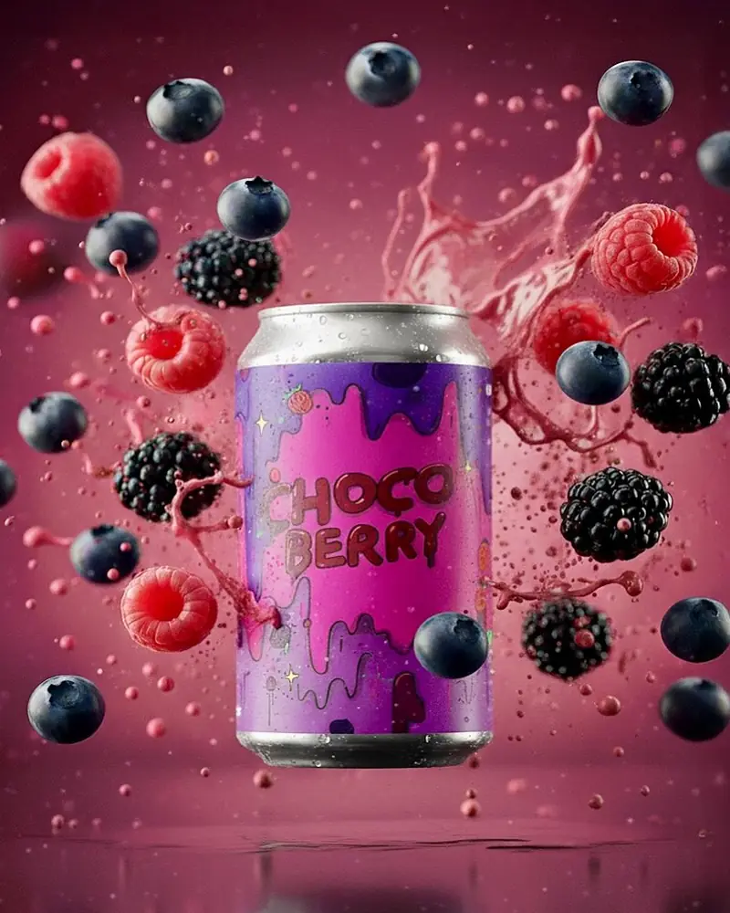 Choco Berry can suspended in a swirl of dark berries