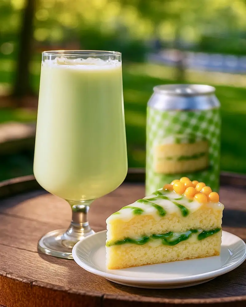 Pandan sour and layered cake on a sunny garden table