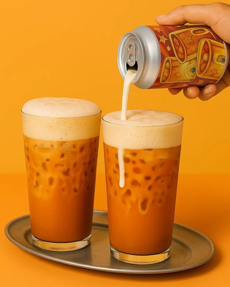 Thai tea sour poured into two glasses on an orange backdrop