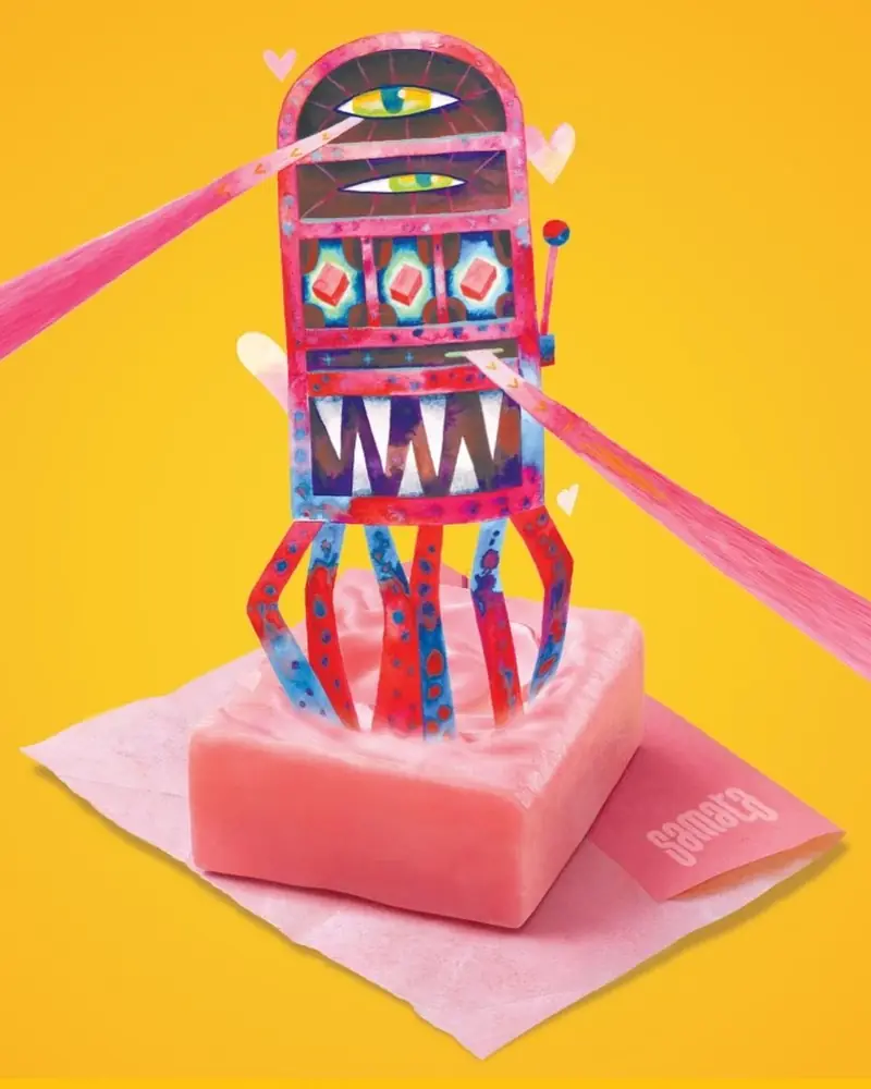Samata character sculpture on pink jelly