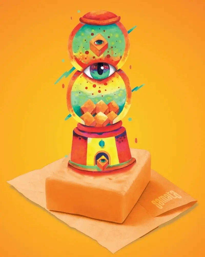 Samata character sculpture on orange jelly
