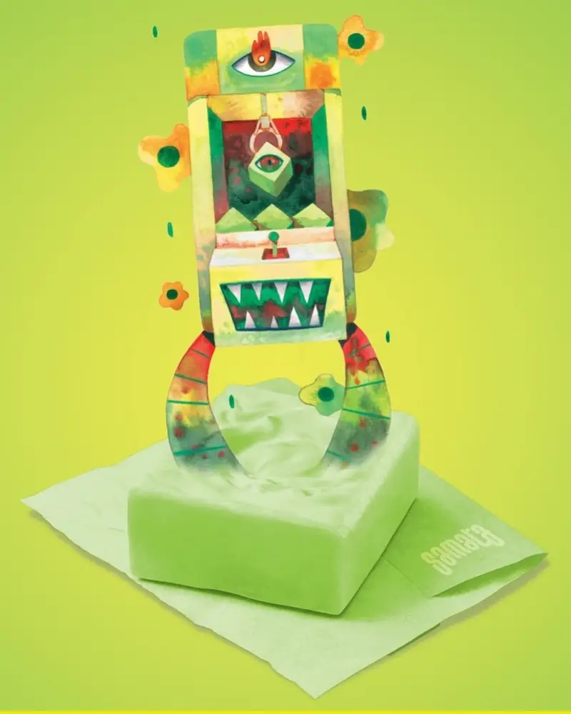 Samata character sculpture on lime green jelly