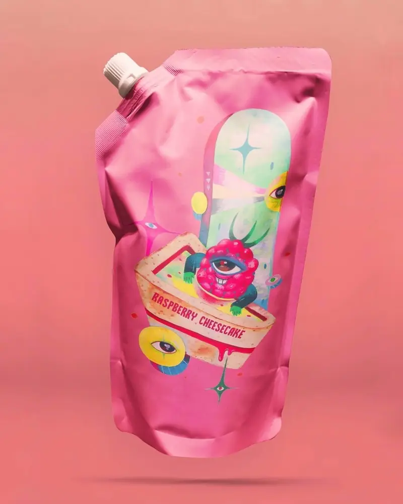 Raspberry cheesecake sour in an illustrated pink pouch