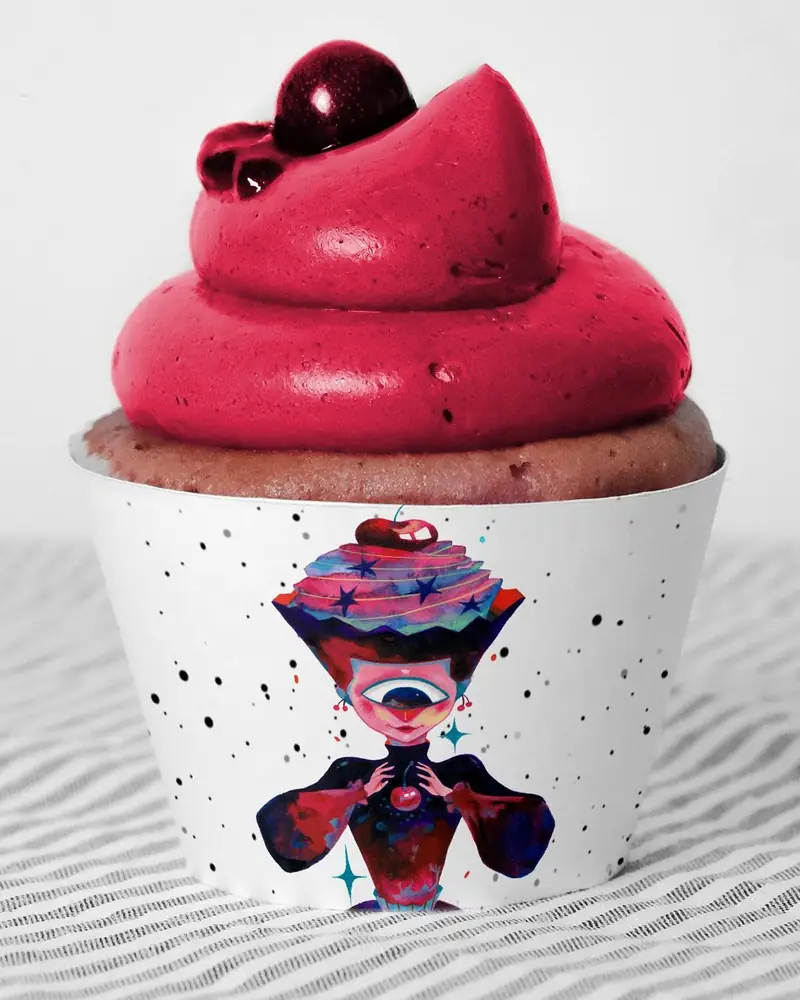 Berry soft serve in a Samata illustrated cup
